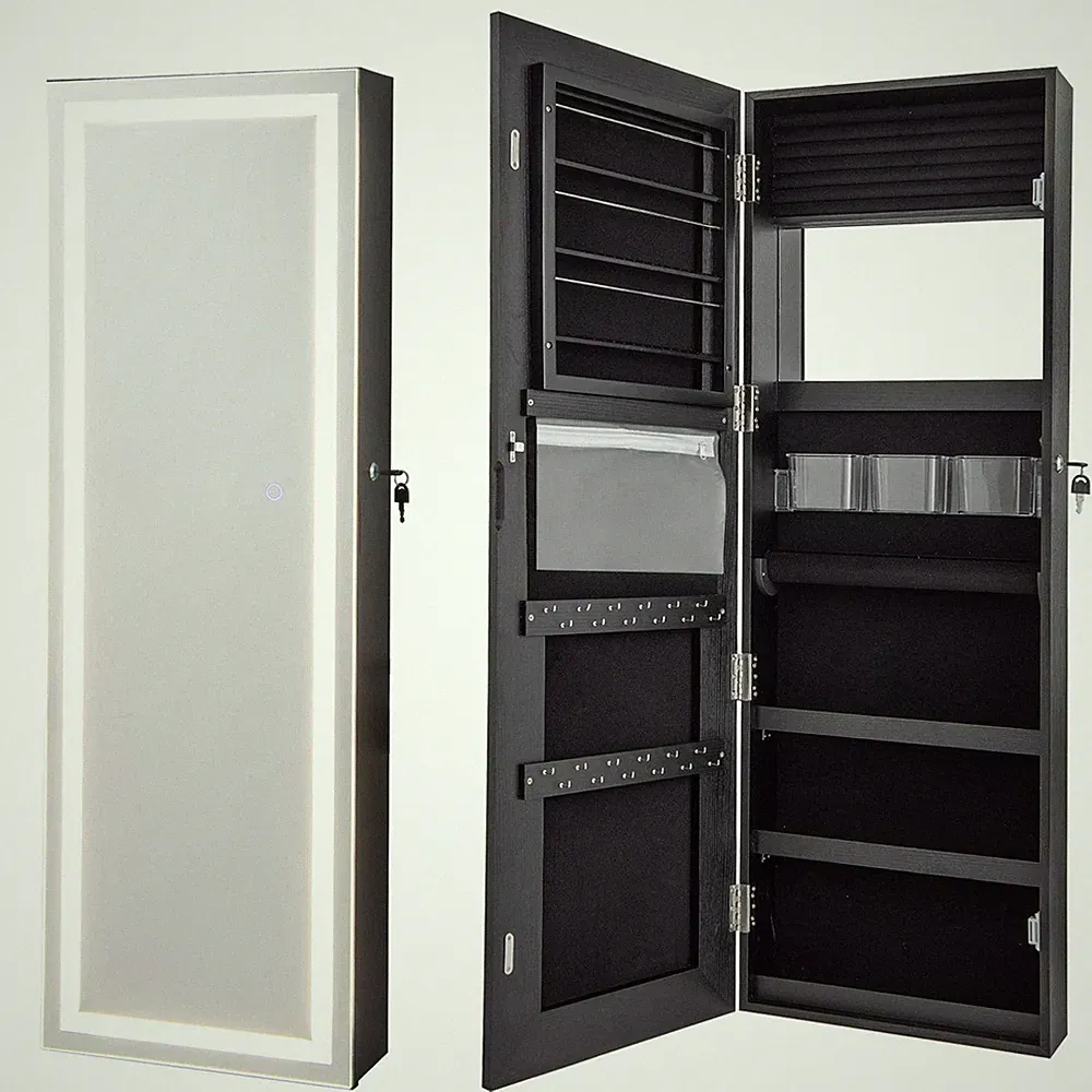 120cm LED Spiegel Schmuckschrank mit 3-farbigen Lichtern und abschließbarer Magnettür