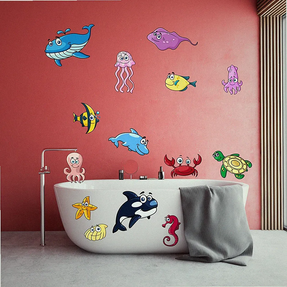14 Badezimmer Aufkleber Set Fische MEERESTIERE WC BAD Wandtattoo Sticker Dusche