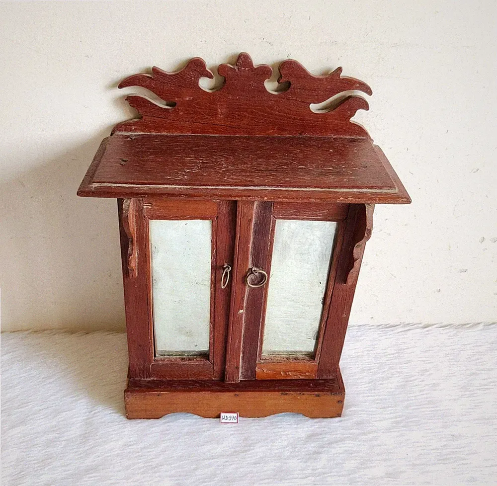 1930er Vintage Handgefertigter Holz Miniatur Spiegel Schrank Deko Brown WD970