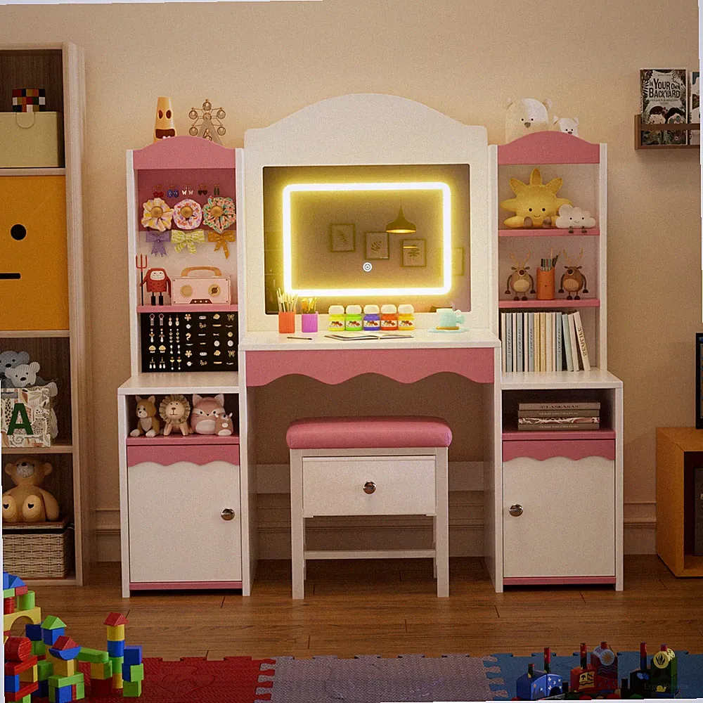 2 in 1 Schminktisch Kinder Set, Make Up Table, LED-Spiegel & Stauraum Schrank