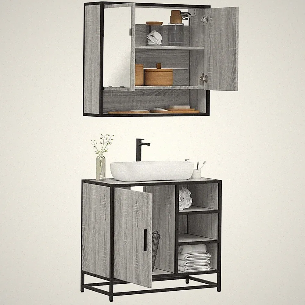 2-tlg. Badmöbel Set Badezimmermöbel Hochschrank Waschtisch Spiegel Badmöbelsets