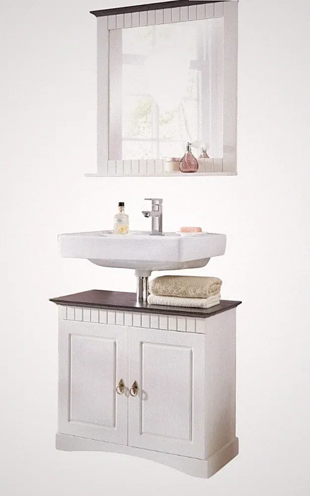 2 tlg Badmöbel Set Kiefernholz weiß braun Badschrank und Spiegel