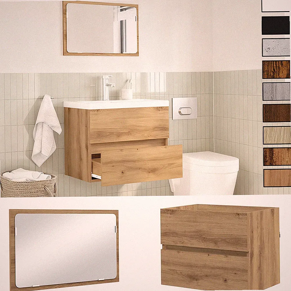 2-tlg. Badmöbel Set Schrank & Spiegel Waschbecken Unterschrank Badschrank