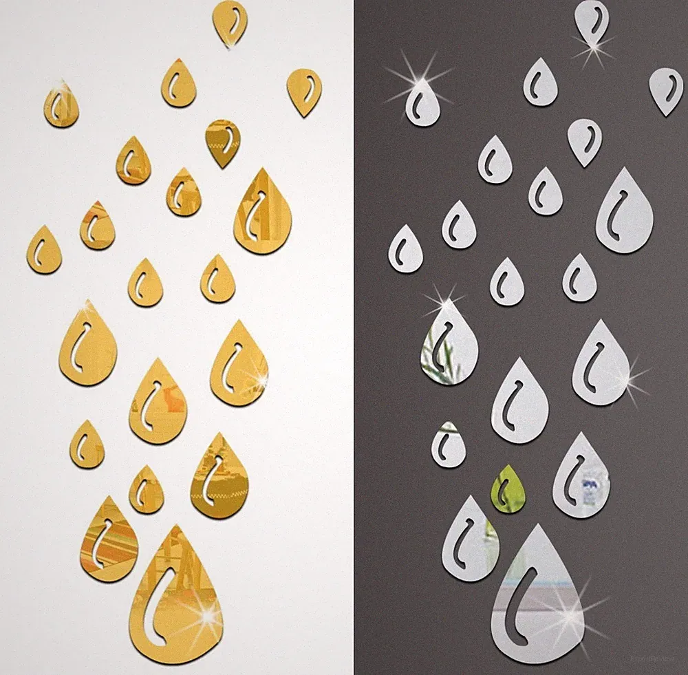 20er Set Tropfen Spiegel Deko Goldspiegel Kunststoff PS mit Klebepunkt Regen Bad