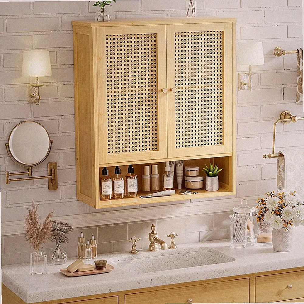 3 Ablagen Bambus Spiegelschrank für Bad Badschrank Wand Schwebend Rattan Schrank