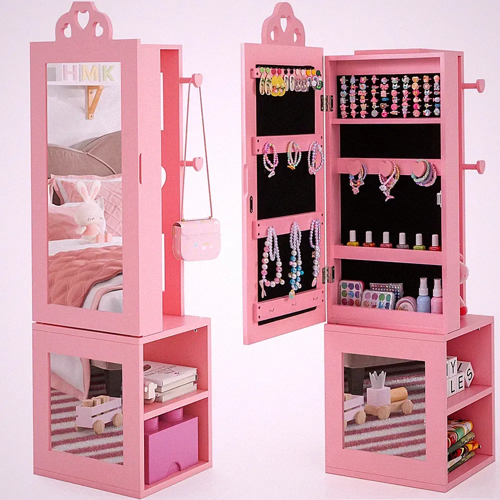3 in 1 Kinder Schmuckschrank Spiegelschrank mit Kleiderständer & Haken