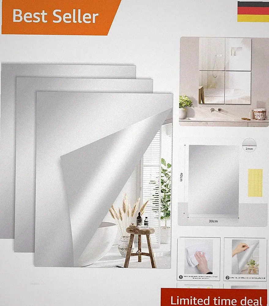 3 Stück Selbstklebende Acrylspiegel 40x30 cm für Wände & Badezimmer – Flexibel