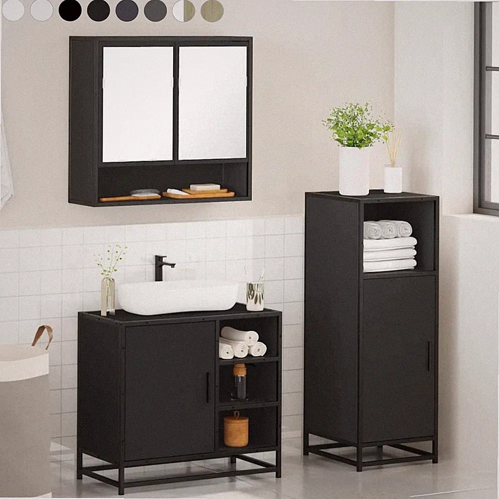 3-tlg. Badezimmermöbel Set Spiegelschrank Unterschrank Badschrank mit Staufach
