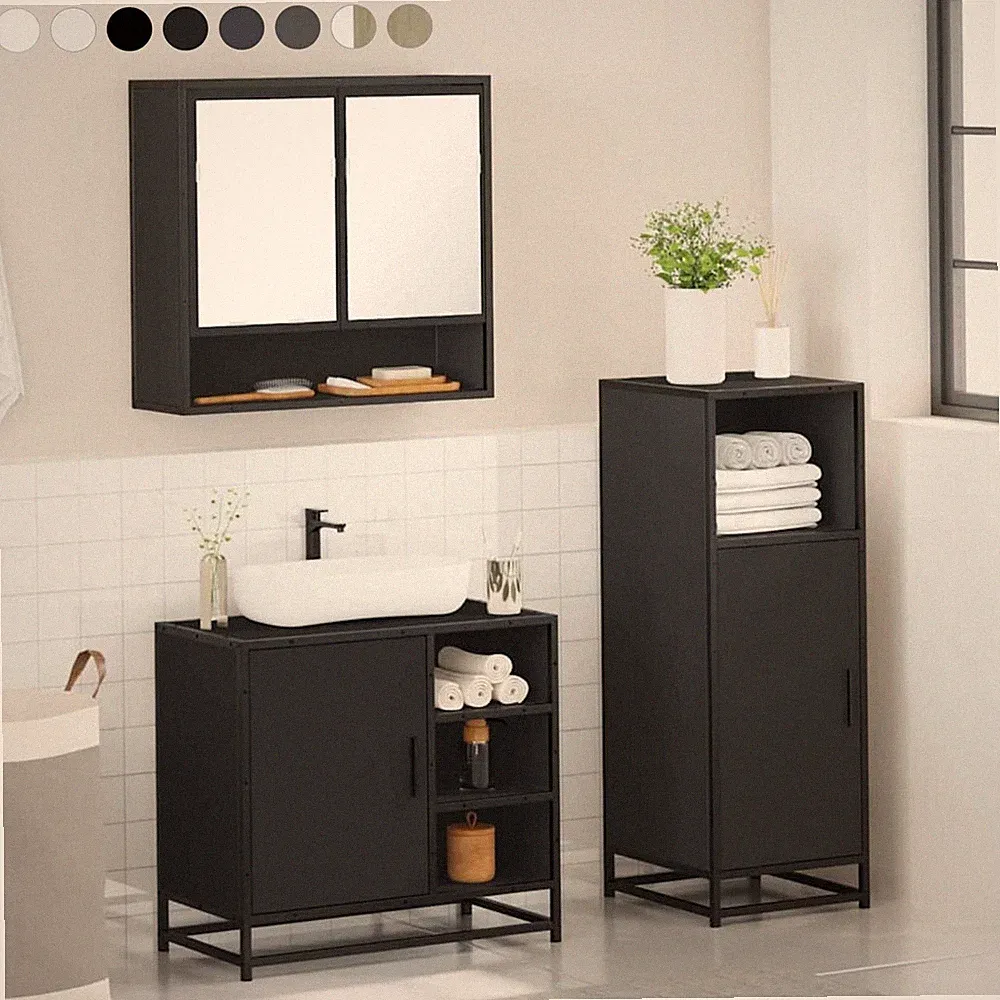3-tlg. Badezimmermöbel Set Spiegelschrank Unterschrank Badschrank mit Staufach