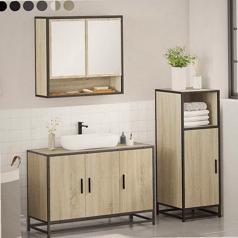 3-tlg Badezimmermöbel Set Unterschrank Badschrank mit Staufach WC Spiegelschrank