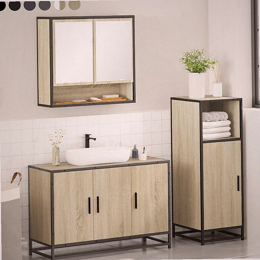 3-tlg Badezimmermöbel Set Unterschrank Badschrank mit Staufach WC Spiegelschrank