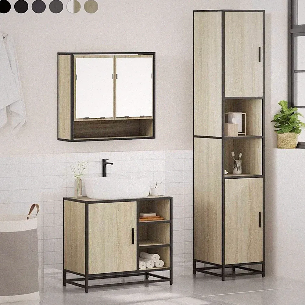 3-tlg. Badezimmermöbel Set WC Spiegelschrank Hochschrank Unterschrank Staufach