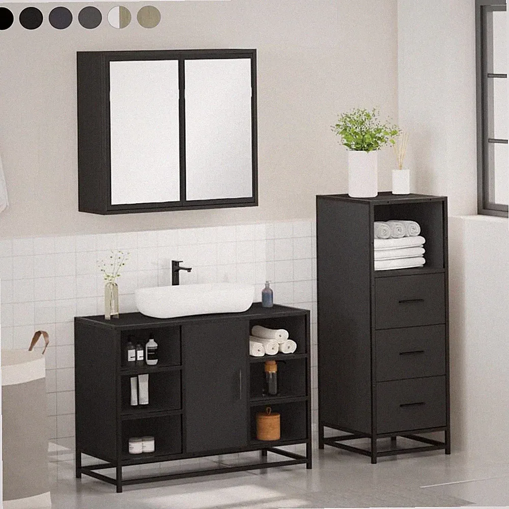 3-tlg. Badezimmermöbel Set WC Spiegelschrank Unterschrank Badschrank Staufach