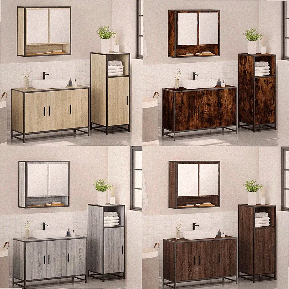 3-tlg. Badmöbel-Set Badezimmer-Spiegelschrank Waschbeckenunterschrank Holz&Metal