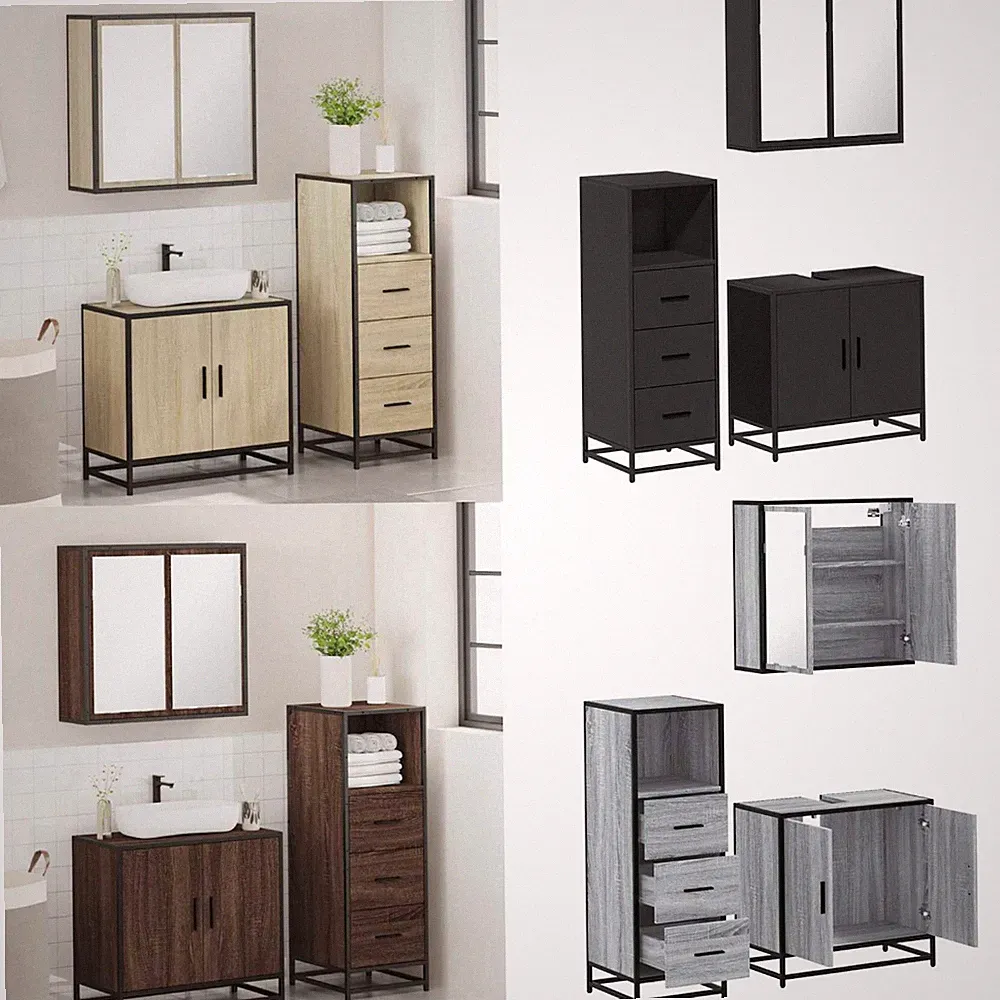 3-tlg. Badmöbel-Set Badezimmerschrank Waschtisch Badschrank mit Staufach Spiegel