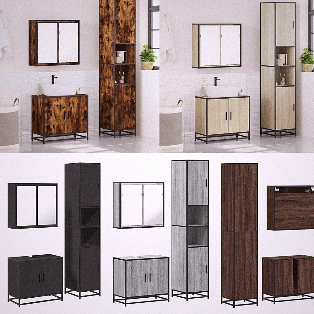 3-tlg. Badmöbel-Set Badezimmerschrank Waschtisch Badschrank mit Staufach Spiegel
