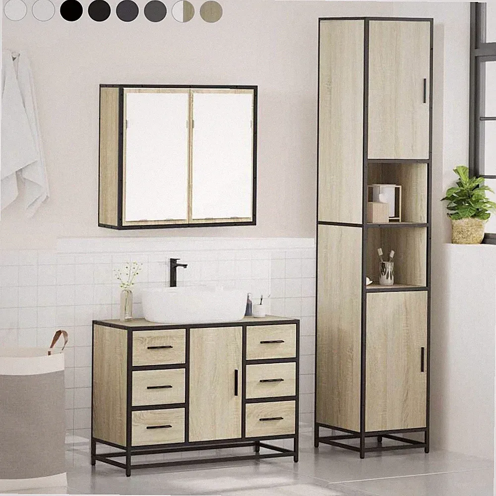 3-tlg. Badmöbel-Set Badezimmerschrank Waschtisch Spiegel Badschrank mit Staufach