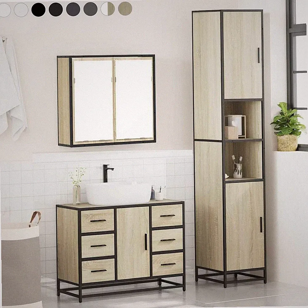 3-tlg. Badmöbel-Set Badezimmerschrank Waschtisch Spiegel Badschrank mit Staufach