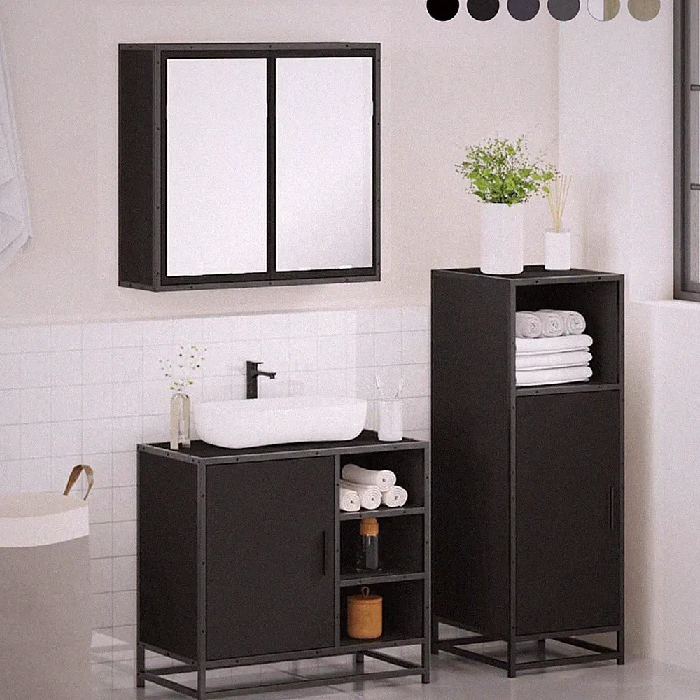 3-tlg. Badmöbel-Set WC Spiegelschrank Unterschrank Badezimmermöbel mit Staufach