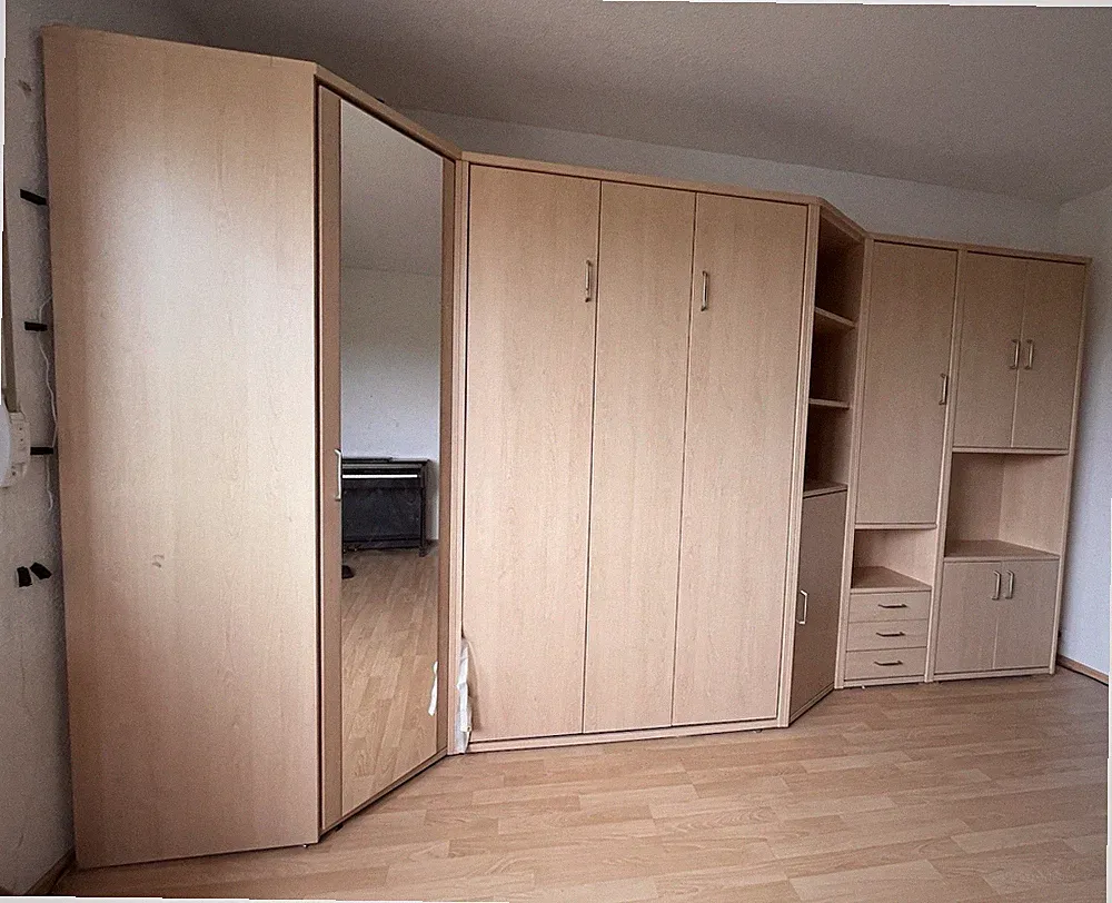 3-tlg. Schlafzimmer-Set Holz beige: Schrank 9 Türen Spiegel, Bett inkl. Matratze