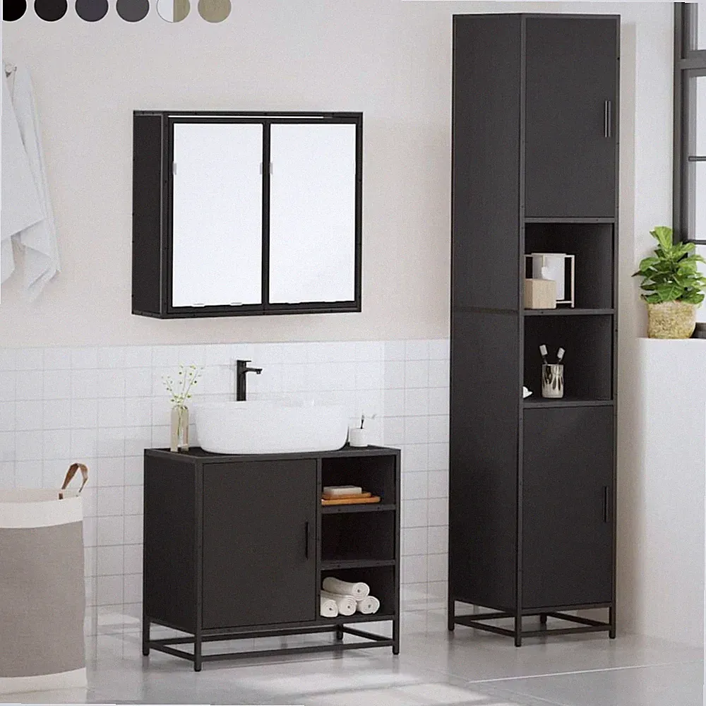 3-tlg. Spiegelschrank Unterschrank Badezimmermöbel Set Badschrank mit Staufach