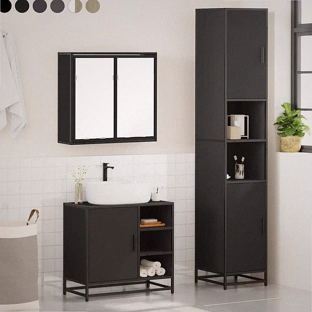 3-tlg. Spiegelschrank Unterschrank Badezimmermöbel Set Badschrank mit Staufach