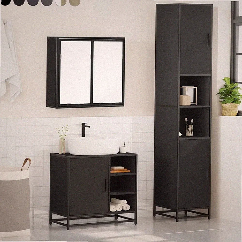 3-tlg. Spiegelschrank Unterschrank Badezimmermöbel Set Badschrank mit Staufach