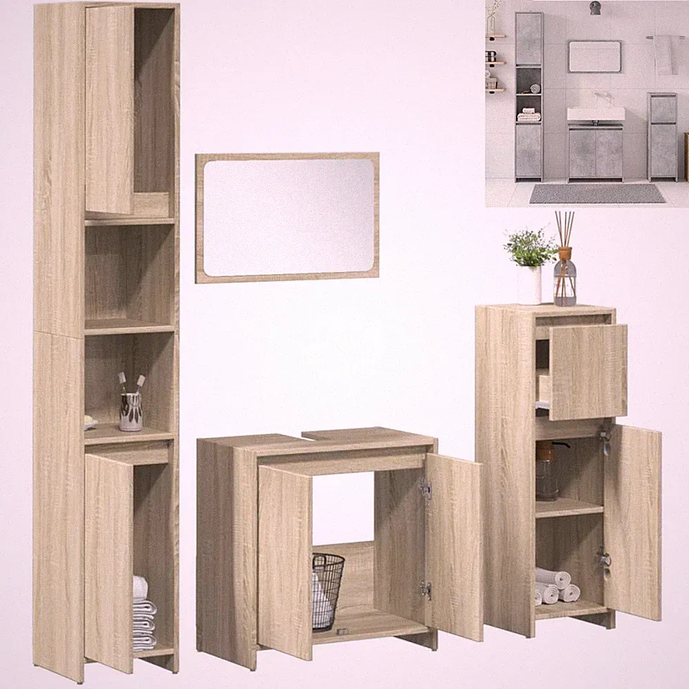 4 in 1 Badmöbel Set Badezimmermöbel Badezimmer Hochschrank Spiegel Schrank Regal