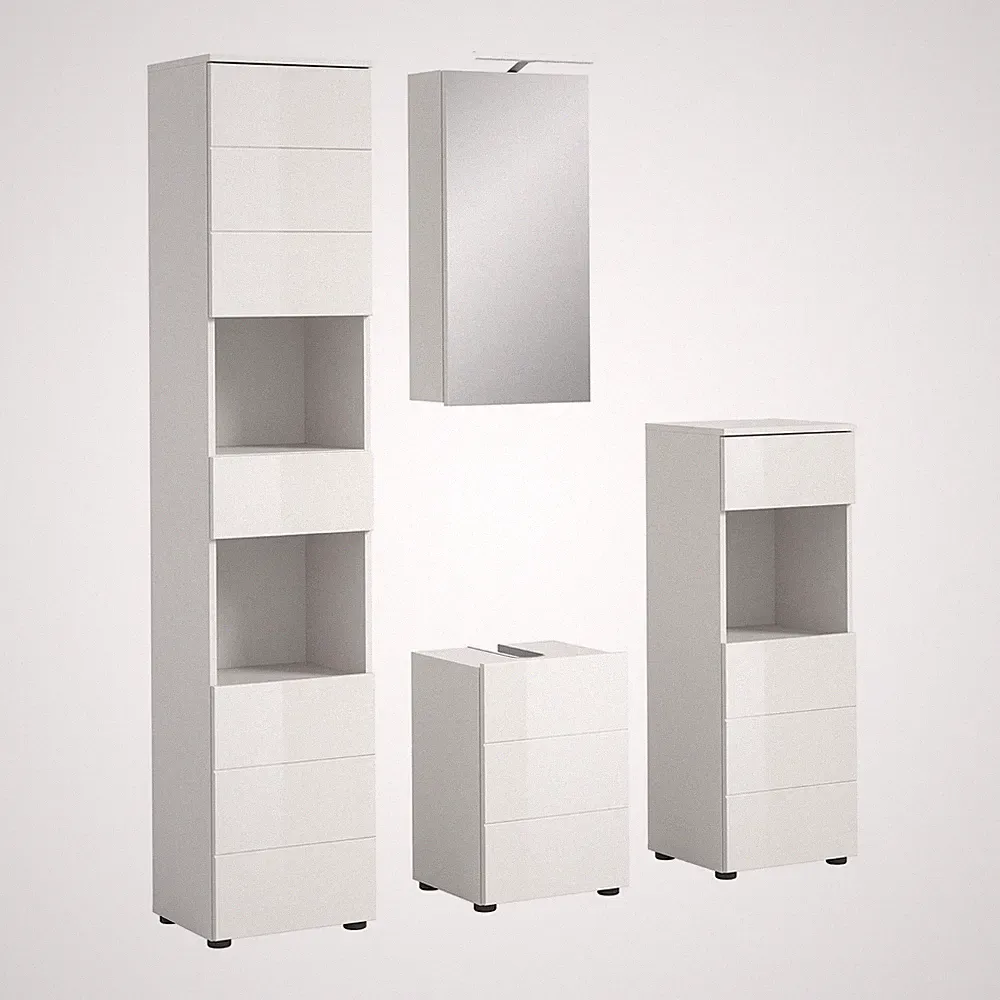 4-teilige Badkombination VIRA - weiß Hochglanz - LED-Beleuchtung - 144 cm