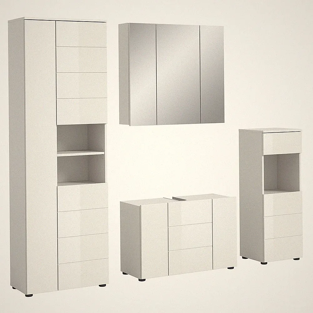 4-teilige Badkombination VIRA - weiß Hochglanz - Spiegelschrank - 210 cm