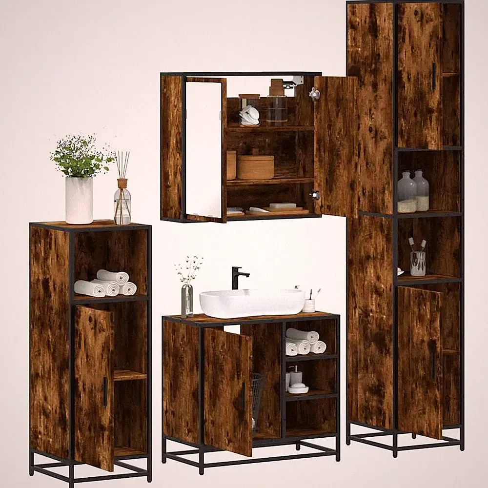 4-tlg. Badezimmermöbel Set Spiegelschrank Unterschrank Badschrank mit Staufach