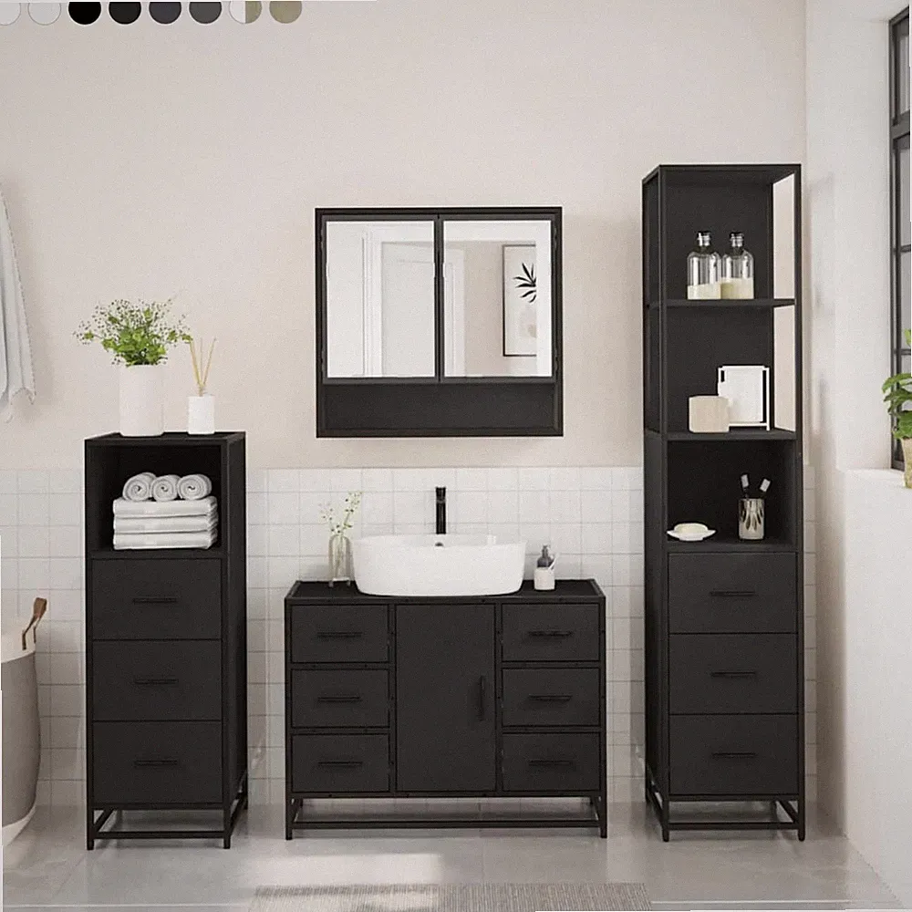 4-tlg. Badezimmerschrank Set Waschtisch Badschrank mit Staufach Spiegelschrank