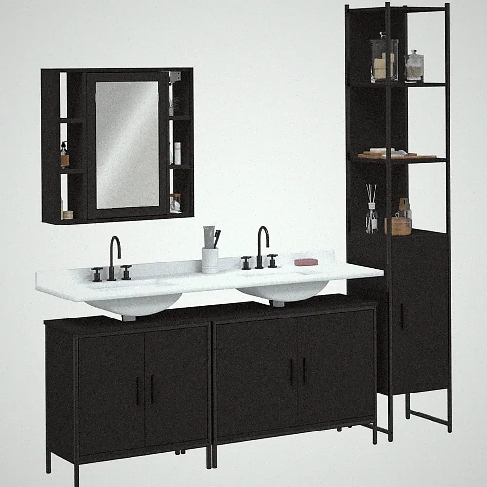 4-tlg Badmöbel-Set Badschrank Waschbeckenunterschrank Spiegelschrank Hochschrank