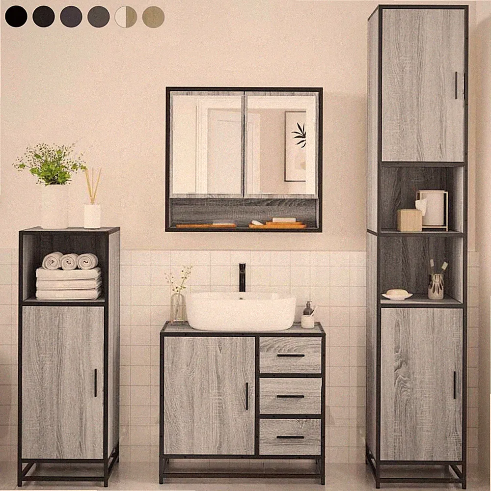 4-tlg. Unterschrank Badezimmermöbel Set Hochschrank WC Spiegelschrank Staufach