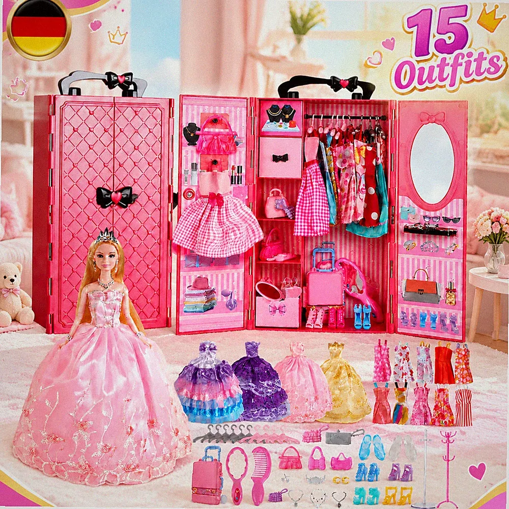 48 Teile Puppenkleidung Puppenmode Set Mit Spiegel Tragbarer Kleiderschrank