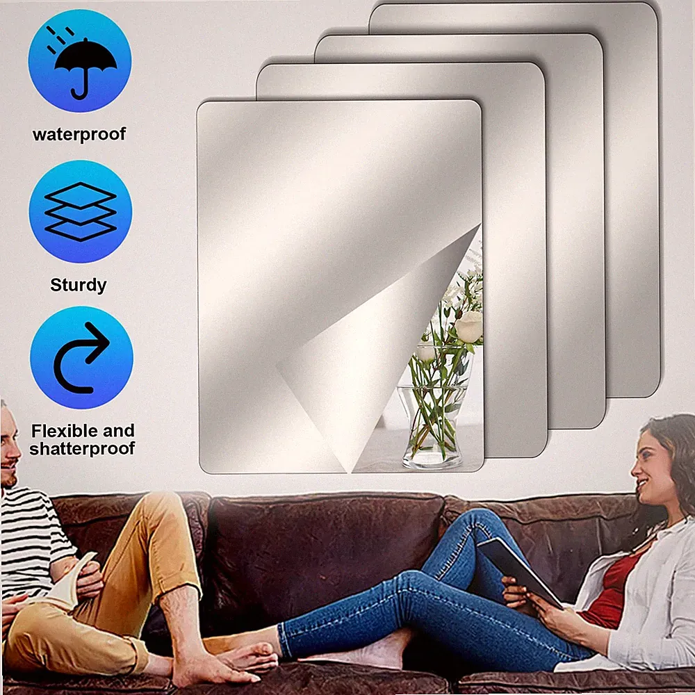 4x Wandspiegel Spiegelfolie Selbstklebende Fliesenspiegel Klebespiegel für Wand