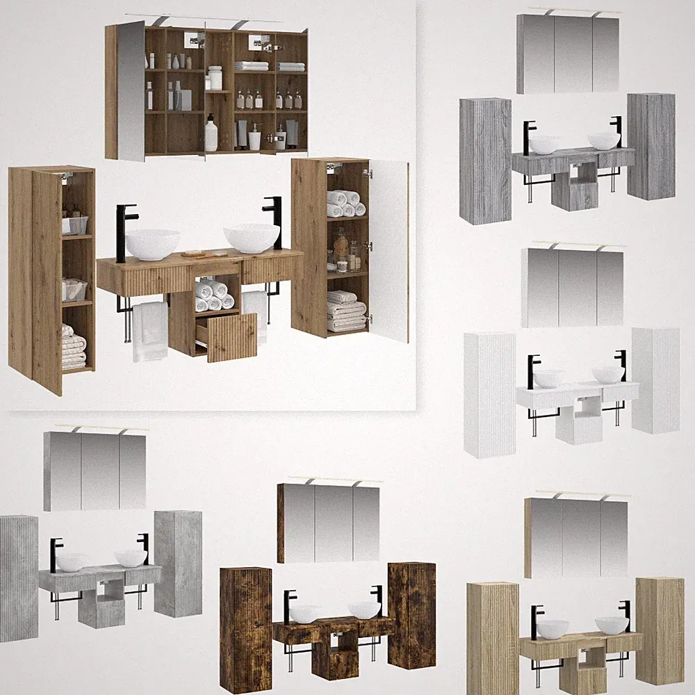 6-tlg. Badezimmermöbel-Set Spiegelschrank Waschtisch Badezimmerschrank mit LED