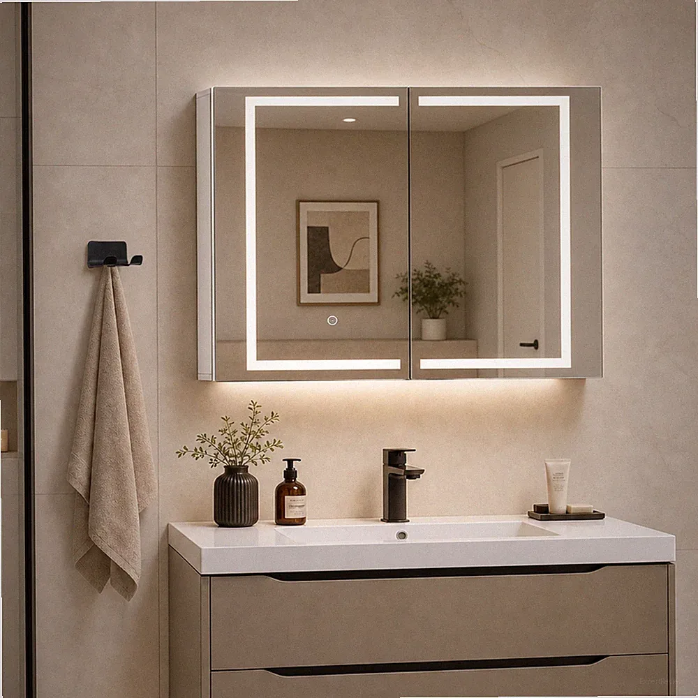 60 × 80cm Spiegelschrank mit Beleuchtung 2 Spiegeltüren LED Badezimmerspiegel