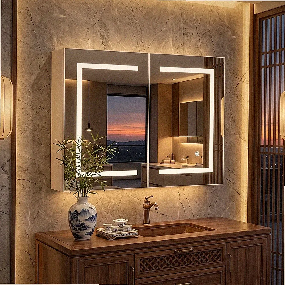 60x80cm LED Spiegelschrank Badezimmerspiegel mit Beleuchtung Spiegeltüren Möbel