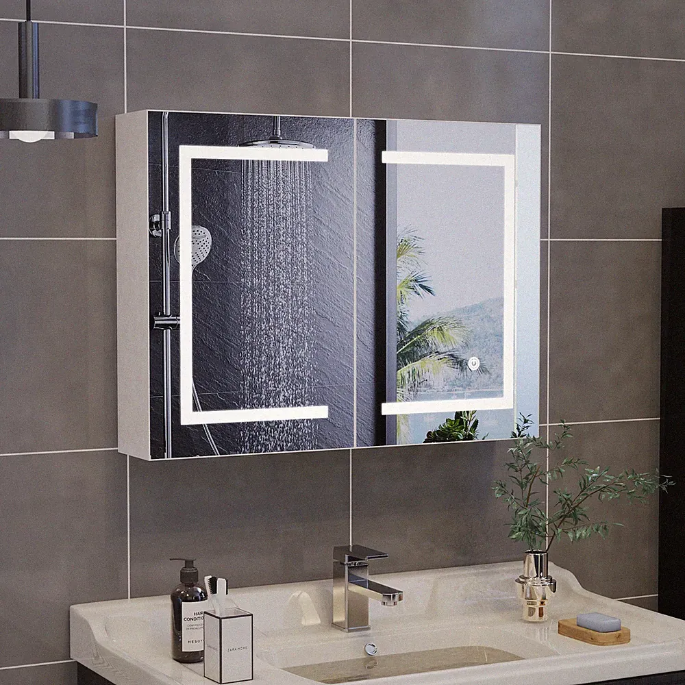 60x80cm Spiegelschrank Badezimmerspiegel mit Beleuchtung Spiegeltüren Möbel LED