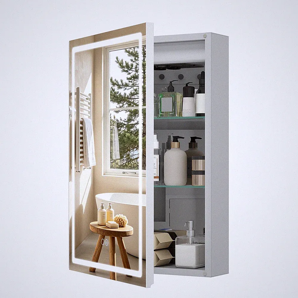 70x50cm Aluminium Spiegelschrank mit LED-Beleuchtung Steckdosenleiste Badezimmer