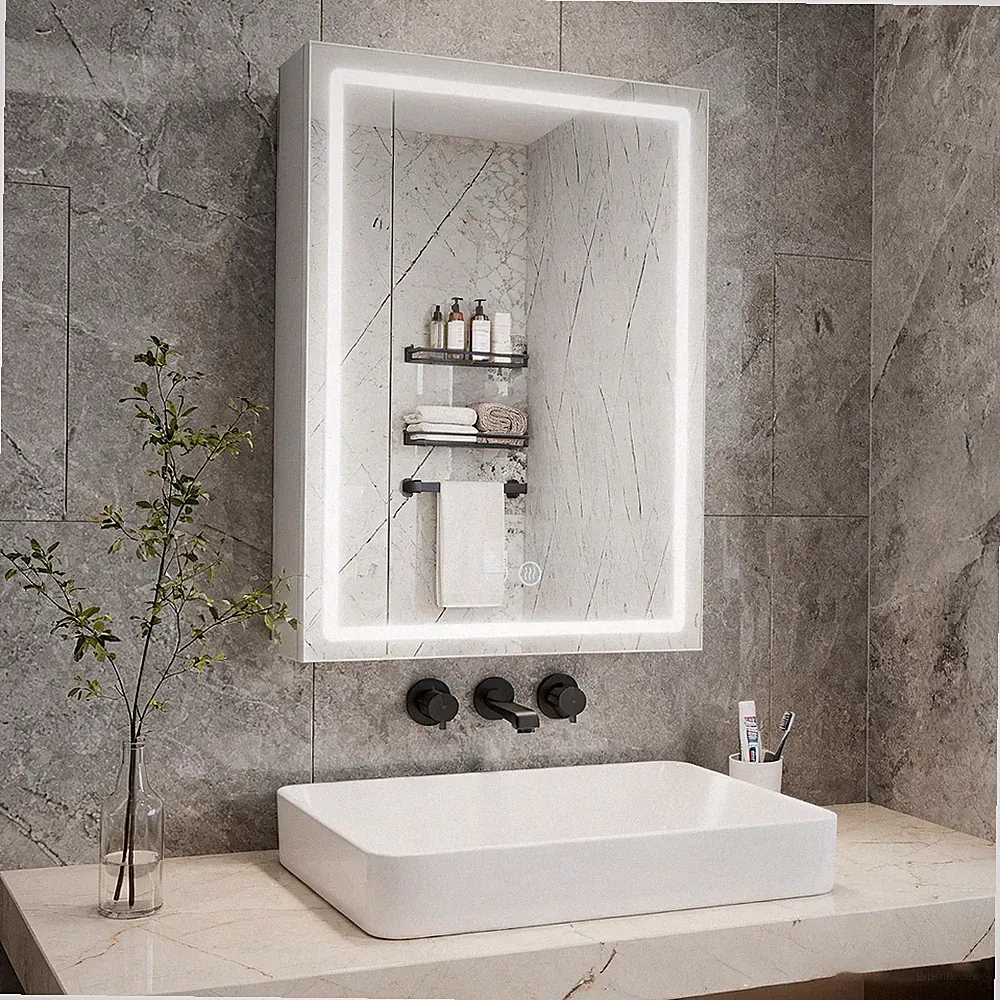 70x50cm Aluminium Spiegelschrank mit LED-Beleuchtung Steckdosenleiste Badezimmer