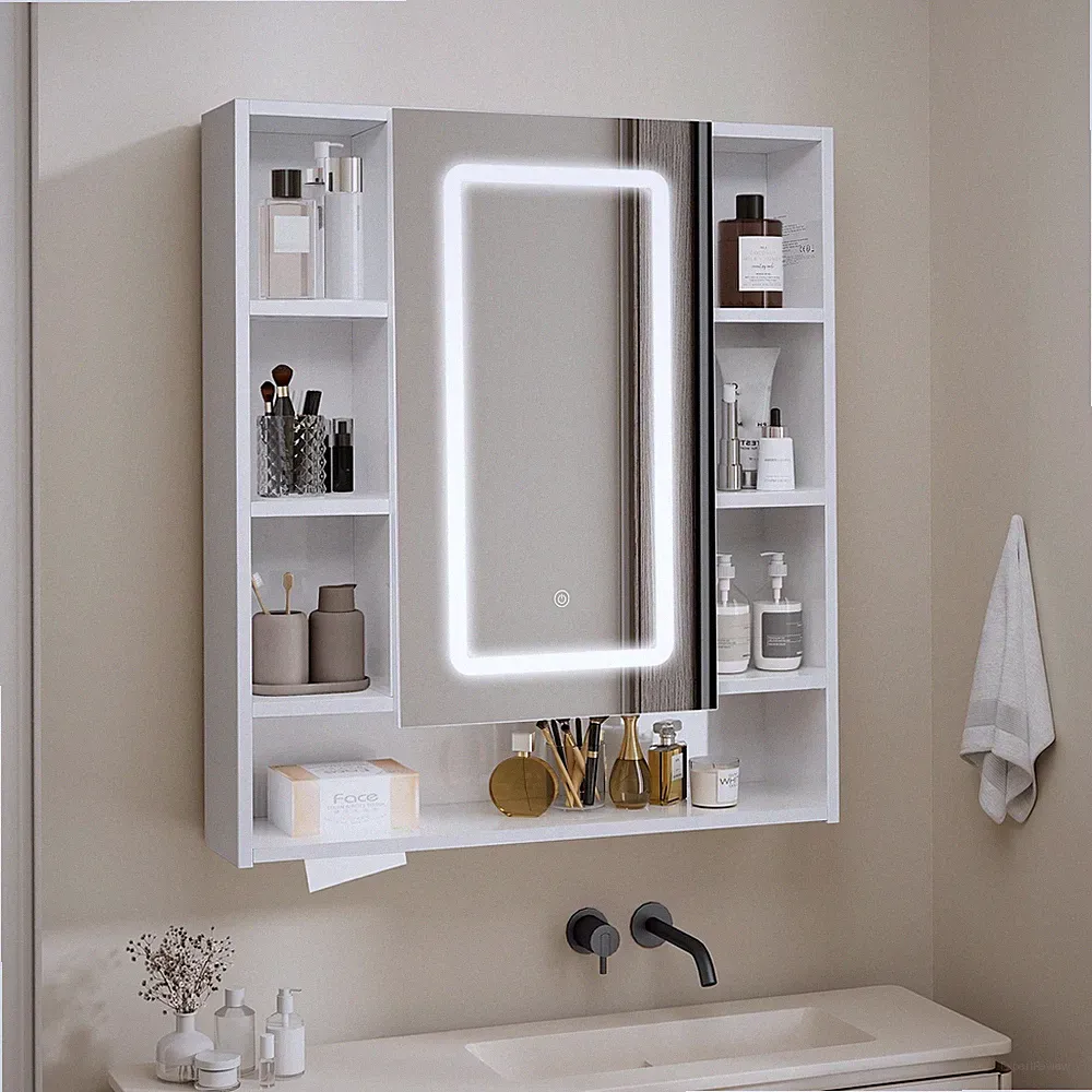 72x80cm Bad Spiegelschrank mit LED Beleuchtung Badschrank Badspiegel Regal Weiß