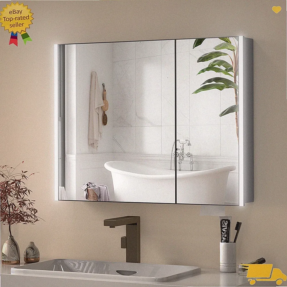 80cm Aluminium LED Doppeltüriger Wandschrank Badezimmer Spiegel Stauraum neu