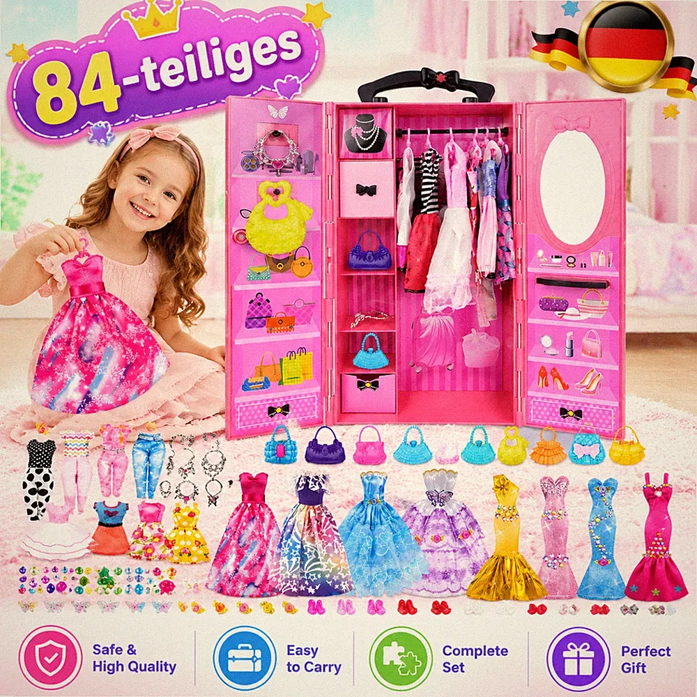 84 Teile Puppenmode Set Puppenkleidung Tragbarer Aufbewahrungsschrank Spiegel