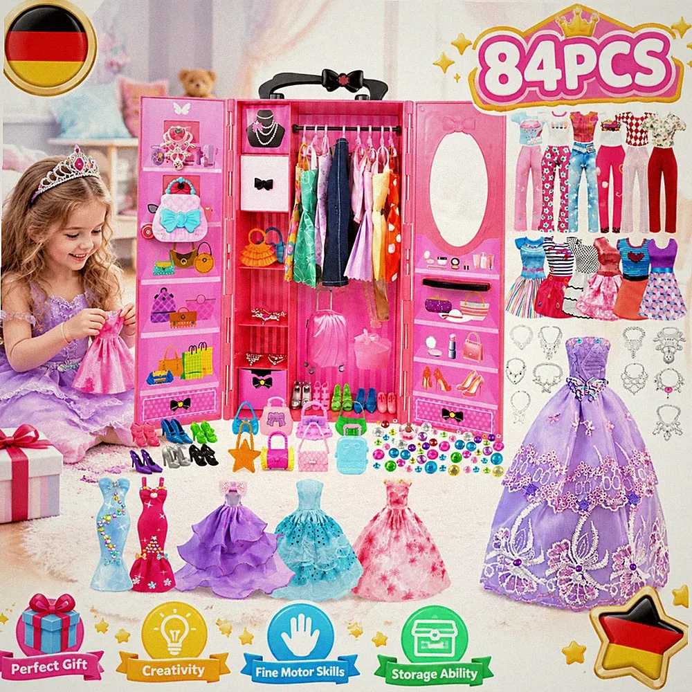 84‑teiliges Puppenkleidung Set Mit Spiegel Tragbarer Aufbewahrungsschrank NEU