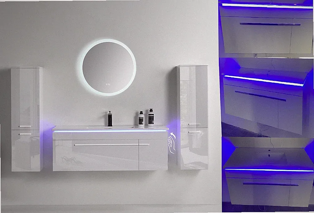 90cm Badmöbel Set Weiss Komplett Hochglanz Badezimmermöbel 5 Teilig LED Rund Bad