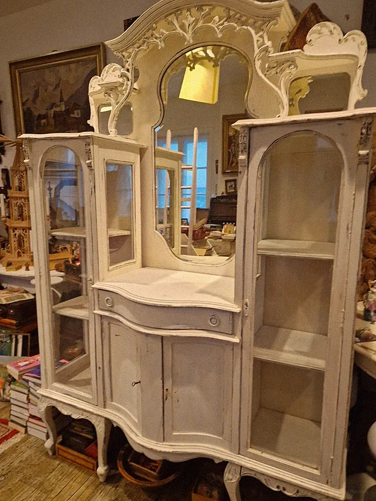 antik Historismus Vitrine mit Spiegel im Barock Kabinett Schrank shabby chic