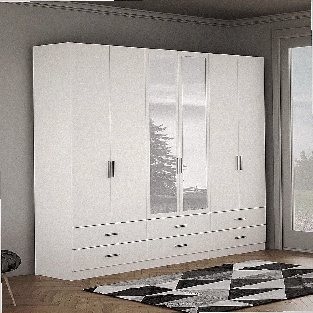 ASUMPTA Schrank 270, Kleiderschrank Weiß mit Spiegel, Drehtürenschrank groß M...