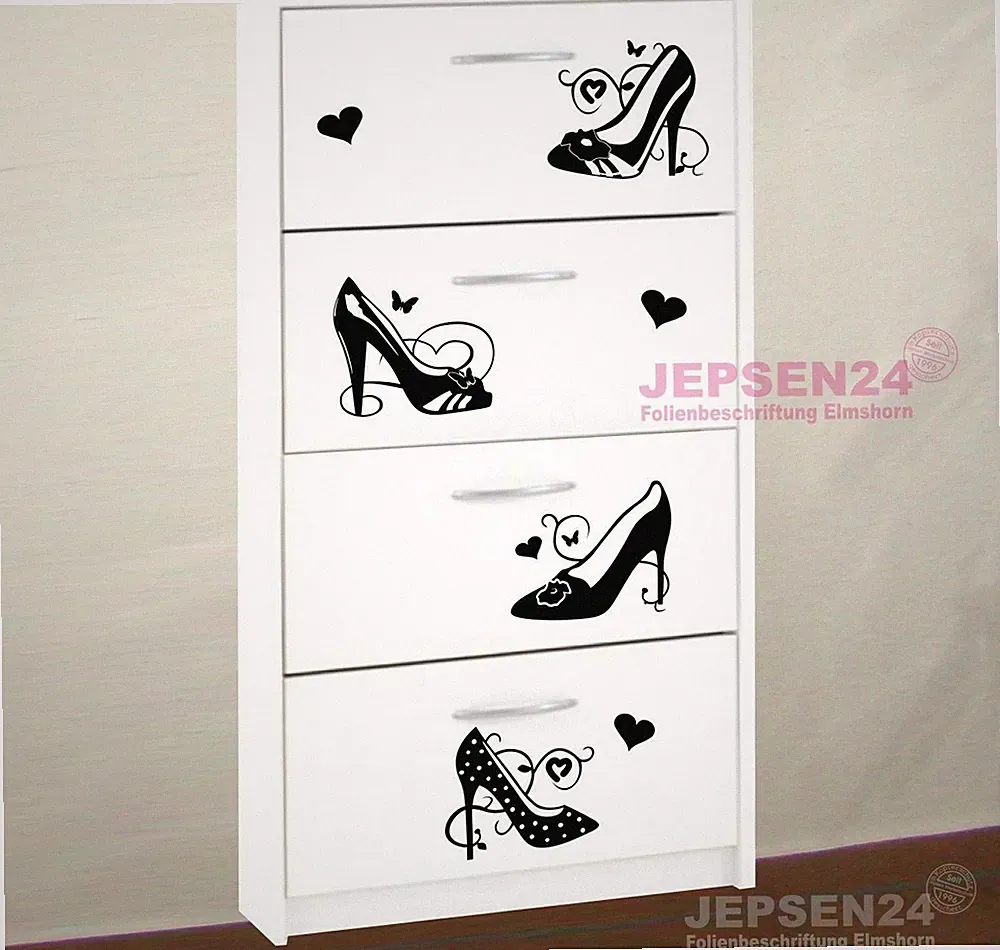 Aufkleber Pumps Schuhe, High Heels Set 7 + Herzen Wandtattoo Schuhschrank